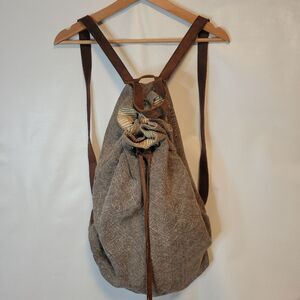 Roost Grey Jute Backpack with Leather Straps And Drawstring